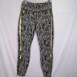 Fierce + Regal Black White Zebra Print Gold Stripe Workout Leggings Size Large